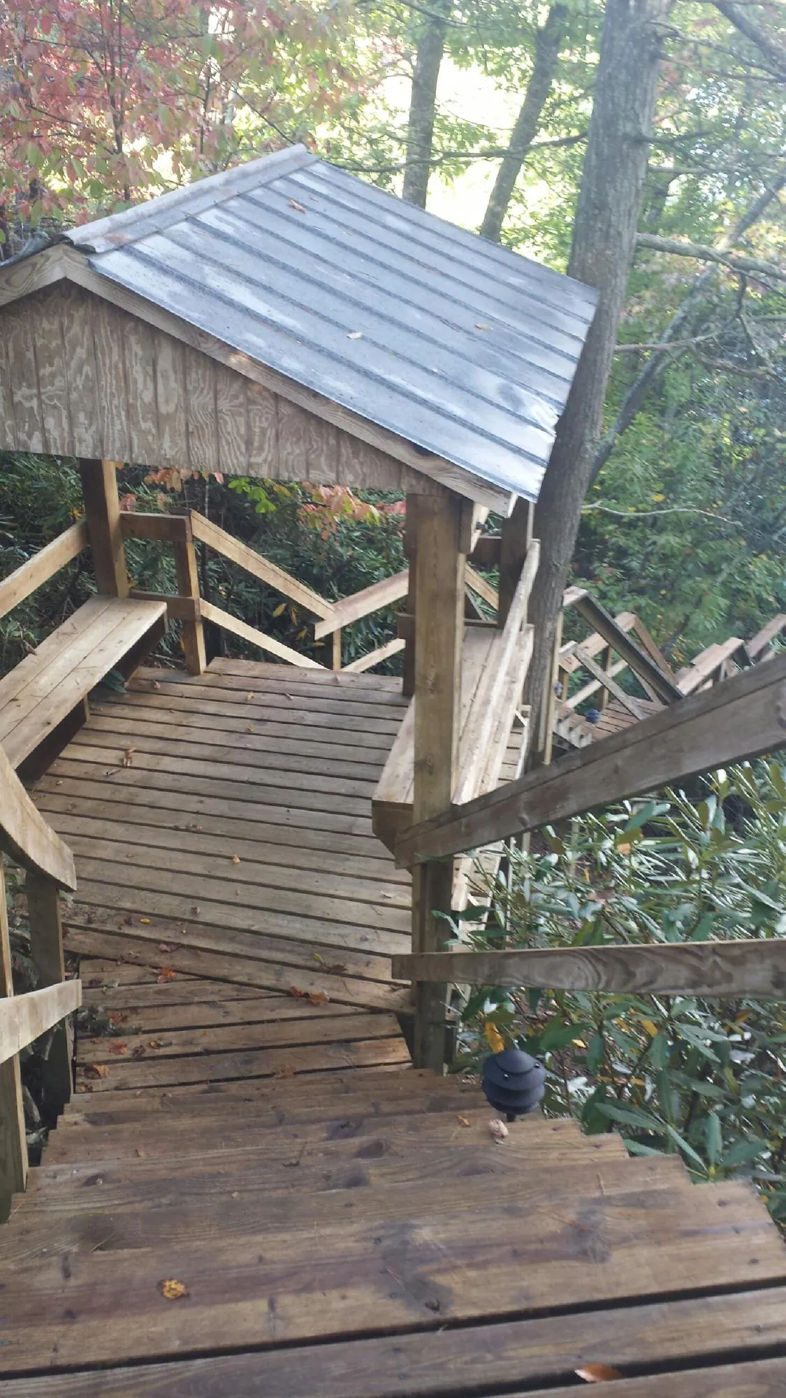 Metal roofed shelter over wooden steps on a wooded walkway — Skylight Repair & Installation work by our crew in Slayden